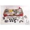 Image 1 : Tray lot containing a selection of metal paintable vehicles, bases, plus gaming pieces etc. Possibly