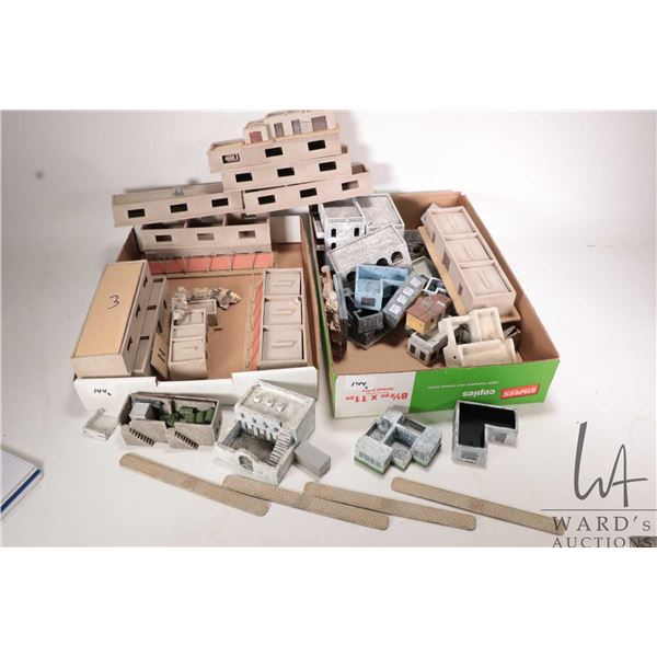 Two tray lots of built wooden buildings for gaming