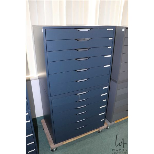 Two Ikea brand "Alex" six drawer storage cabinets, dark blue in colour, note: crack in one drawer fr