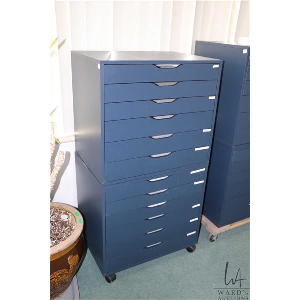 Two Ikea brand "Alex" six drawer storage cabinets, blue in colour, one with castors