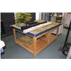 Image 1 : Handmade wooden wargaming table with undershelf, on castors, fitted with WWII trench terrain, 31" H 