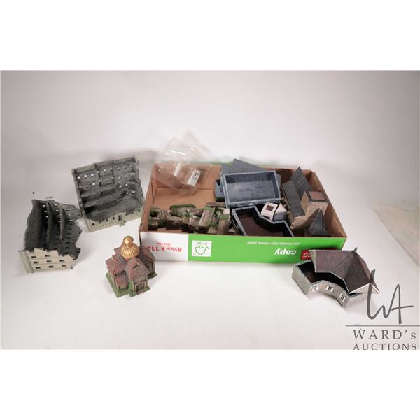 Selection of tabletop terrain buildings, fences, great hall, ruined building etc., possibly for 28mm