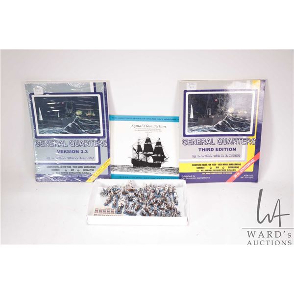 Three wargaming books including "Signal Close Action 1:1200 Navel Wargame Rules-The Revolutionary & 
