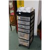 Image 1 : Six drawer rolling storage cart and contents including laser cut wooden gaming bases and magnetic ba