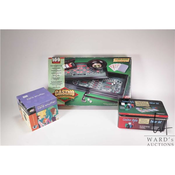 Champiionship boxed casino set, casino style Texas Hold'em poker set and a manual card shuffler