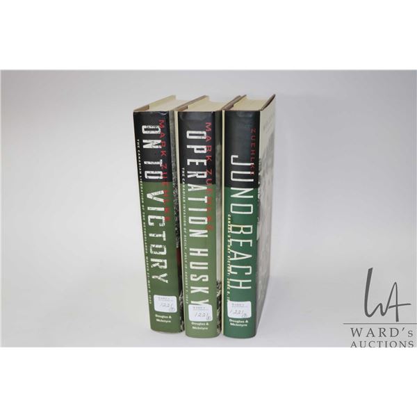 Three hardcover WWII books by Mark Zuehlke including "Juno Beach", "Operation Husky" and "On to Vict