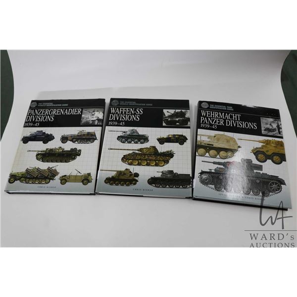 Three hardcover books including "Wehrmacht Panzer Divisions 1939-1945" by Jorge Rosado and Chris Bis