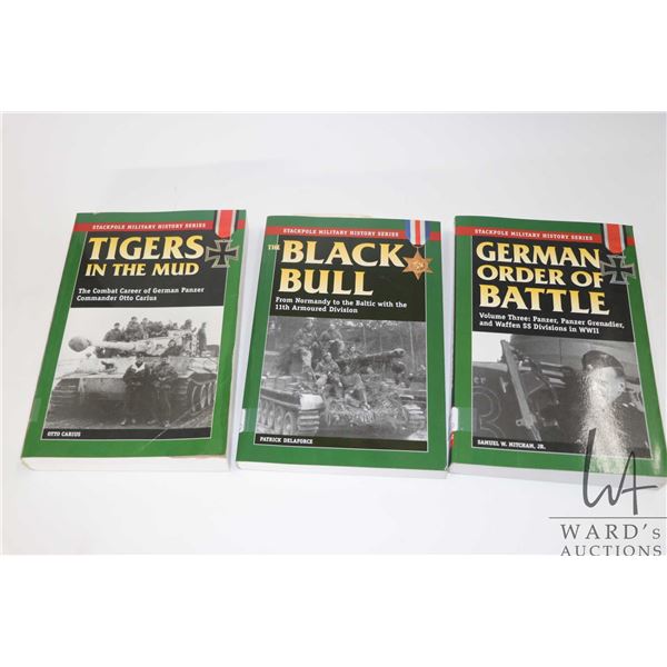 Three softcover books including "German Order of Battle" by Samuel W. Mitcham, Jr. , "The Black Bull
