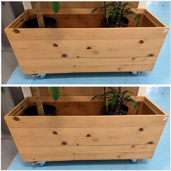 Qty 2 Wooden Planter Boxes w/ Wheels 48" x 19" x 22"H (plants not included)