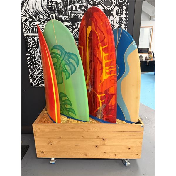 Decorative Surfboard Display in Wooden Box on Wheels 48" x 19" x 68"H