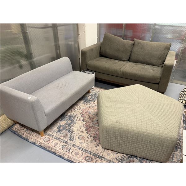 Gray Loveseat, Green Sofa  & Large Pentagon-Shaped Ottoman, Misc Sizes