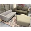 Image 1 : Gray Loveseat Sectional, Brown Sofa  & Large Pentagon-Shaped Ottoman