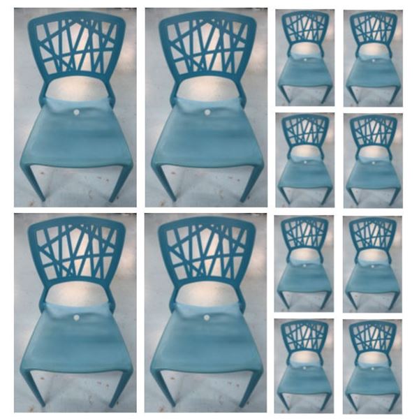 Qty 12 Blue Plastic Chairs 16.5" x 15.5" x 33"H