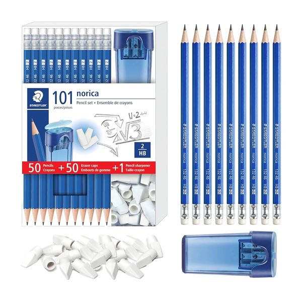 STAEDTLER Norica Pencil Set: 50 Pre-sharpened #2 HB Pencils with 50 Eraser Caps & Double-Hole Sharpe