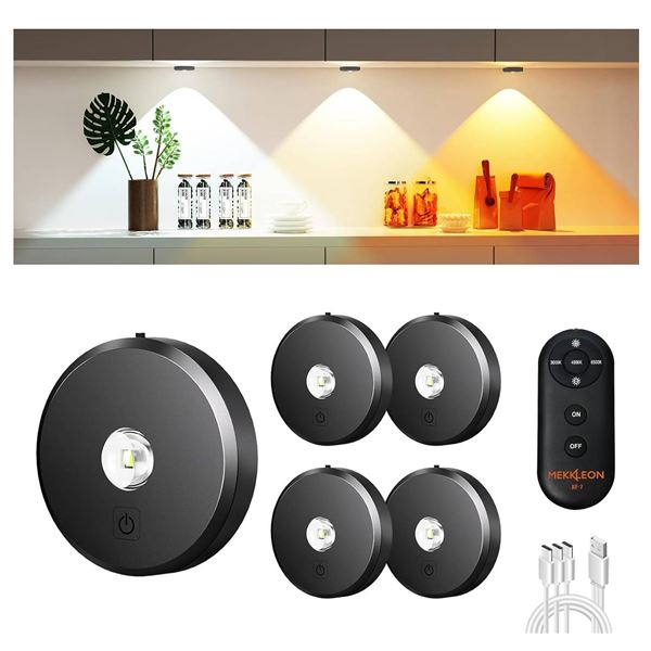MEKKLEON Puck Lights with Remote Control, Rechargeable Wireless Under Cabinet Lighting, 5 Pcs (Dark 