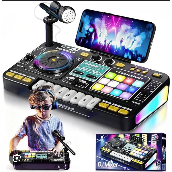 Asixxsix Kids DJ Mixer Board Controller Toy Set with Turntable, Piano Keys, Microphone & Bluetooth -
