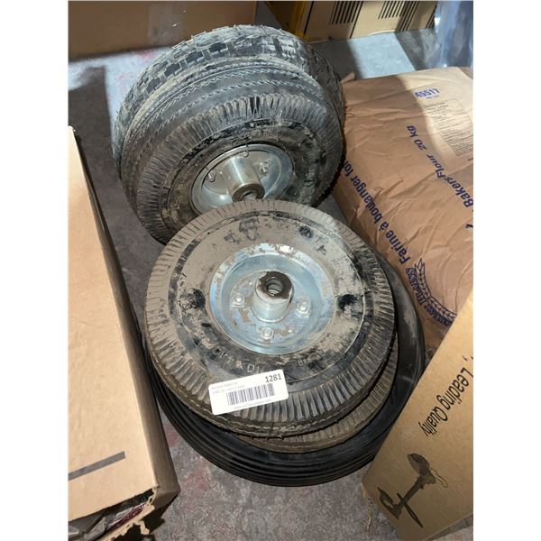 5 Pc Pneumatic Rubber Wheels 1 is 13x4 and 1 is 4.8/4.00-8 and 3 are 10x4.10x3.5-4