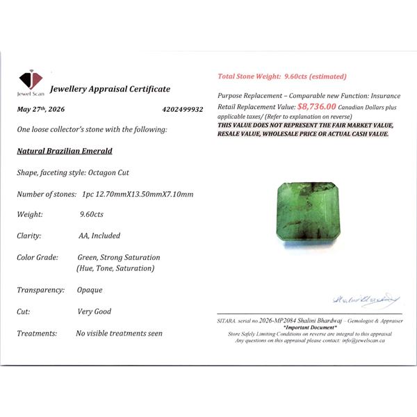 9.6 ct Certified Brazillian Emerald gemstone ($8,736 Appraisal)