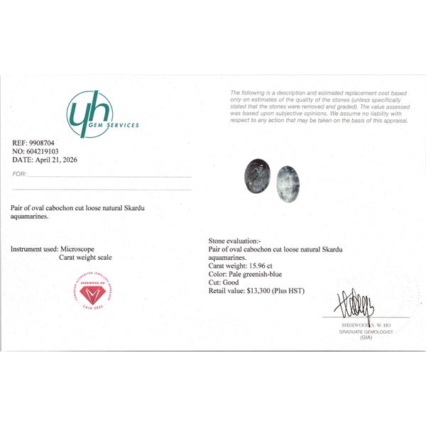 15.96 ct Certified Aquamarine gemstone pair ($13,300 Appraisal)