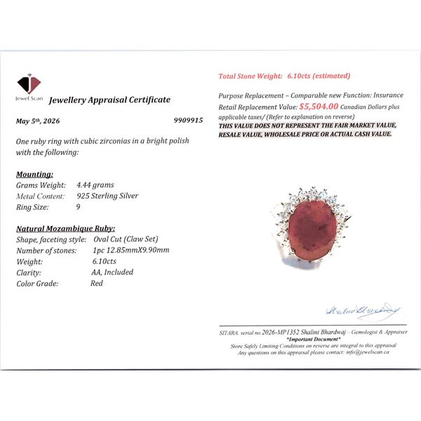 4.44 ct Certified Silver Ruby gemstone Ring ($5,504 Appraisal)