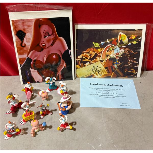 Roger Rabbit Collectible Lot w/ PVC Figures, Charles Fleischer Autographed Print, & More