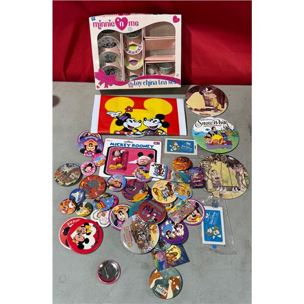 VTG Disney Lot w/ Assorted Pins, Minnie 'N Me Toy Tea Set, Shopping Bag, & More