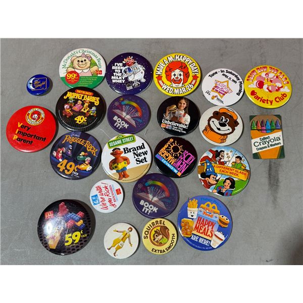 Lot of Assorted VTG Pins w/ McDonald's, Crayola, Squirrel Peanut Butter, & More