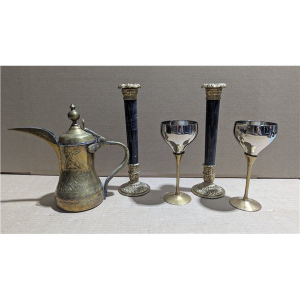 Brass Lot w/ Pitcher, Candleholders, Wine Glasses, & Pig Figurine