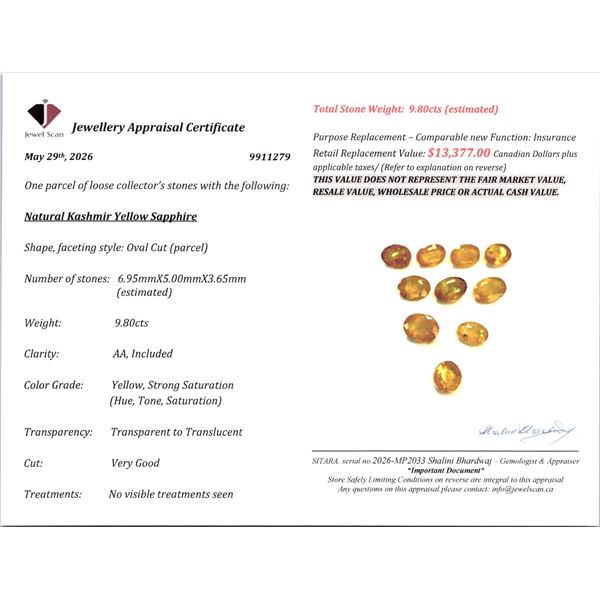 9.8 ct Certified Kashmir Yellow Sapphire gemstone parcel ($13,377 Appraisal)