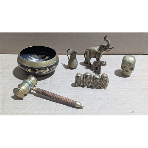 Brass Lot w/ Figurines, Gavel, Mini Pitcher, & Singing Bowl