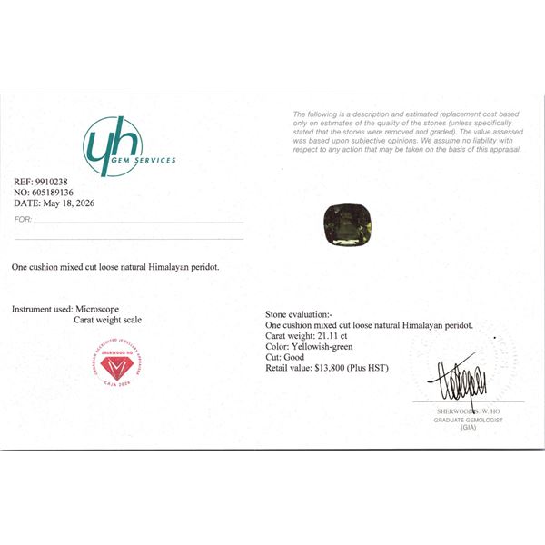 21.11 ct Certified Himalayan Peridot gemstone ($13,800 Appraisal)