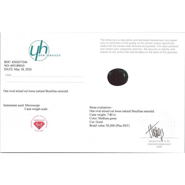 7.8 ct Certified Brazilian Emerald gemstone ($5,000 Appraisal)