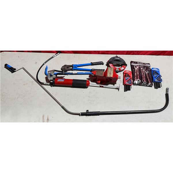 Assorted Tools: Drain Snake, Bolt Cutters, Grease Gun, Wrenches, Vice, & More