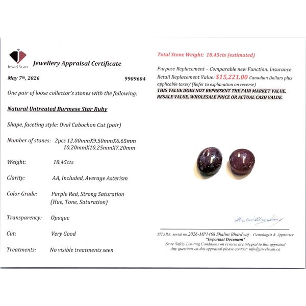 18.45 ct Certified Untreated Star Ruby gemstone pair ($15,221 Appraisal)