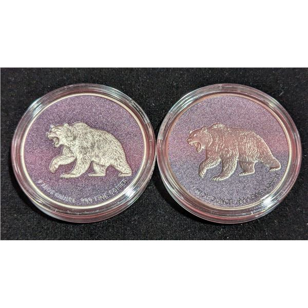 2 Fine Copper 1 Troy Oz Stock Market Themed Coins (Bear & Bull)
