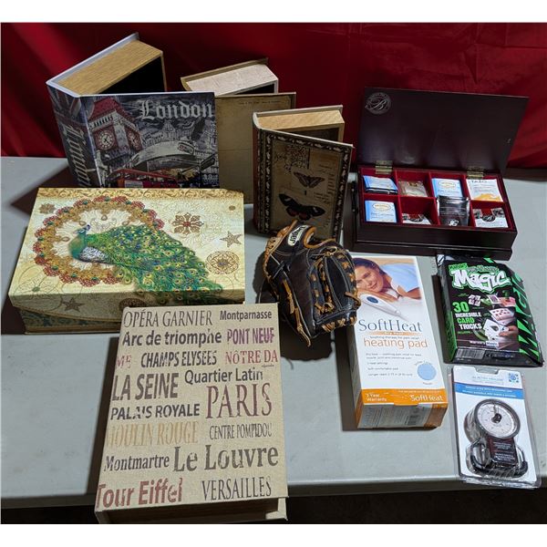 Variety Lot: Secret Storage Books, Heating Pad, Baseball Glove, Magic Set, & More