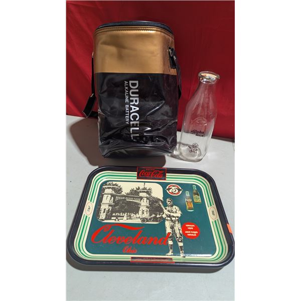 Duracell Bag, Coca-Cola Tray, & Vintage Alpha Milk Bottle