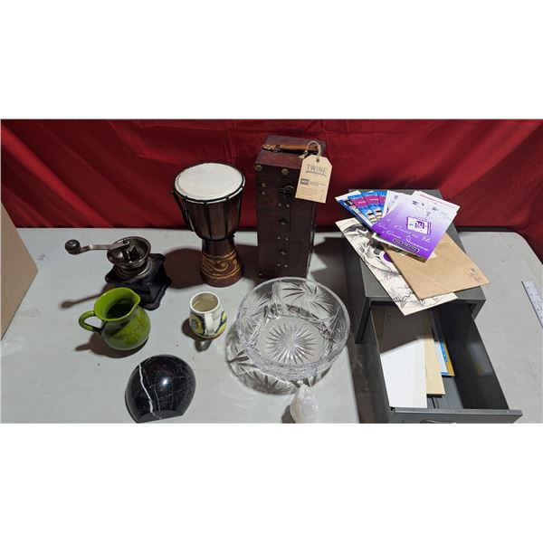 Variety Lot: Drum, Coffee Grinder, Pitcher, Metal Organizer, & More