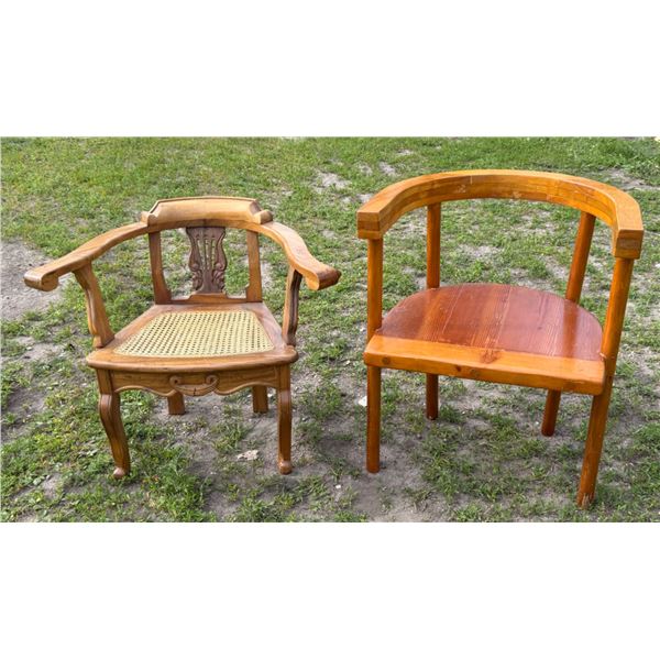 ANTIQUE PETITE FRENCH-STYLE ARMCHAIR AND VINTAGE DANISH PINE ARMCHAIR
