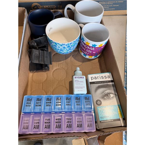 Mugs, pillbox, and other items