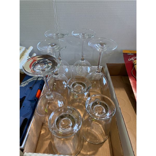 Wine, glasses, and glass mugs