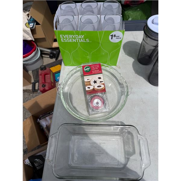 Glasses plus baking dishes, and seven piece cookie cutter set