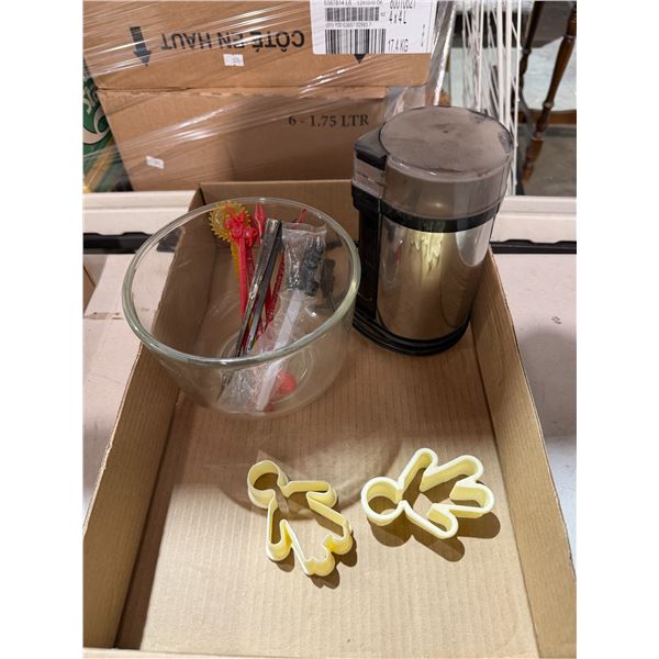 Grinder bowl, cookie cutters, and other items