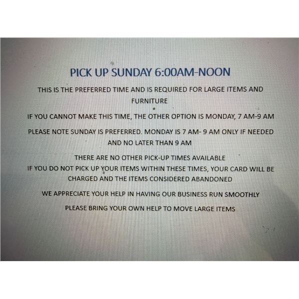 Pick up Sunday 6am-NOON