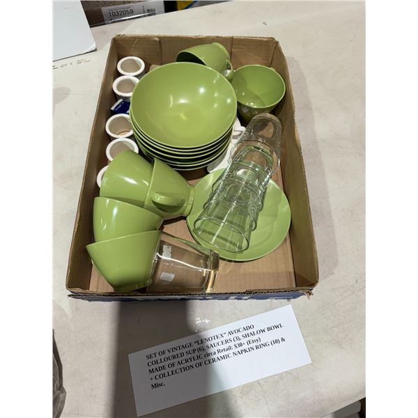 Vintage LENOTEX avocado colored bowls, cups, and saucers, and other ceramic napkin rings