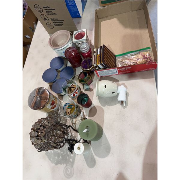 Assorted candle, decor, and matches