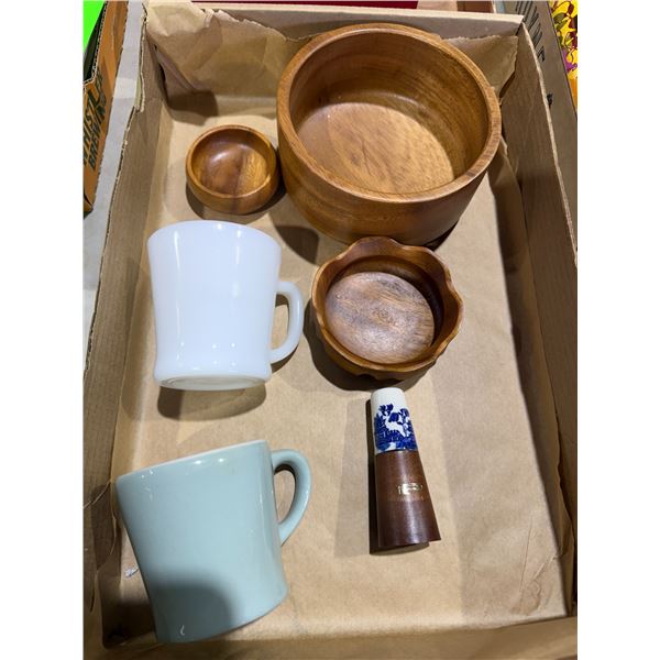 Vintage fire king, mugs and wood bowls and pepper shaker shaker
