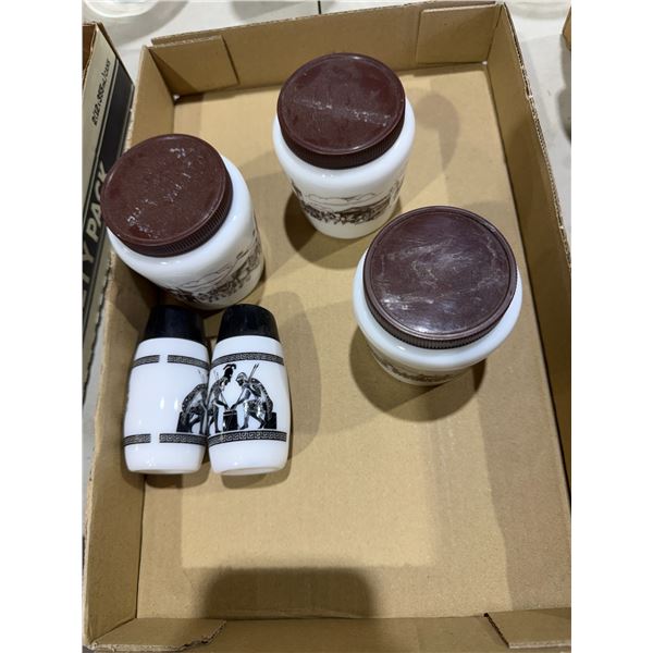 Vintage salt and pepper, shakers and container