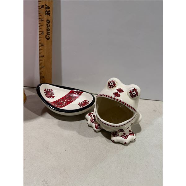 Ukrainian traditional crafts, specifically handmade ceramics featuring traditional Rushnyk (embroide