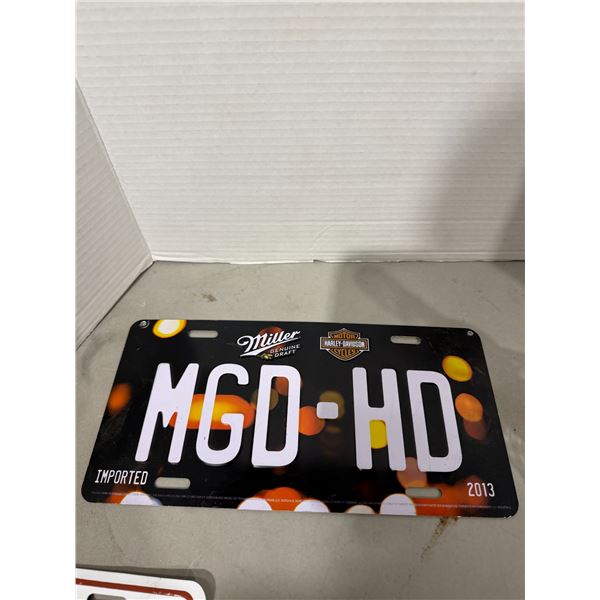 Harley, Davidson, Sun, and Miller" genuine draft license plate